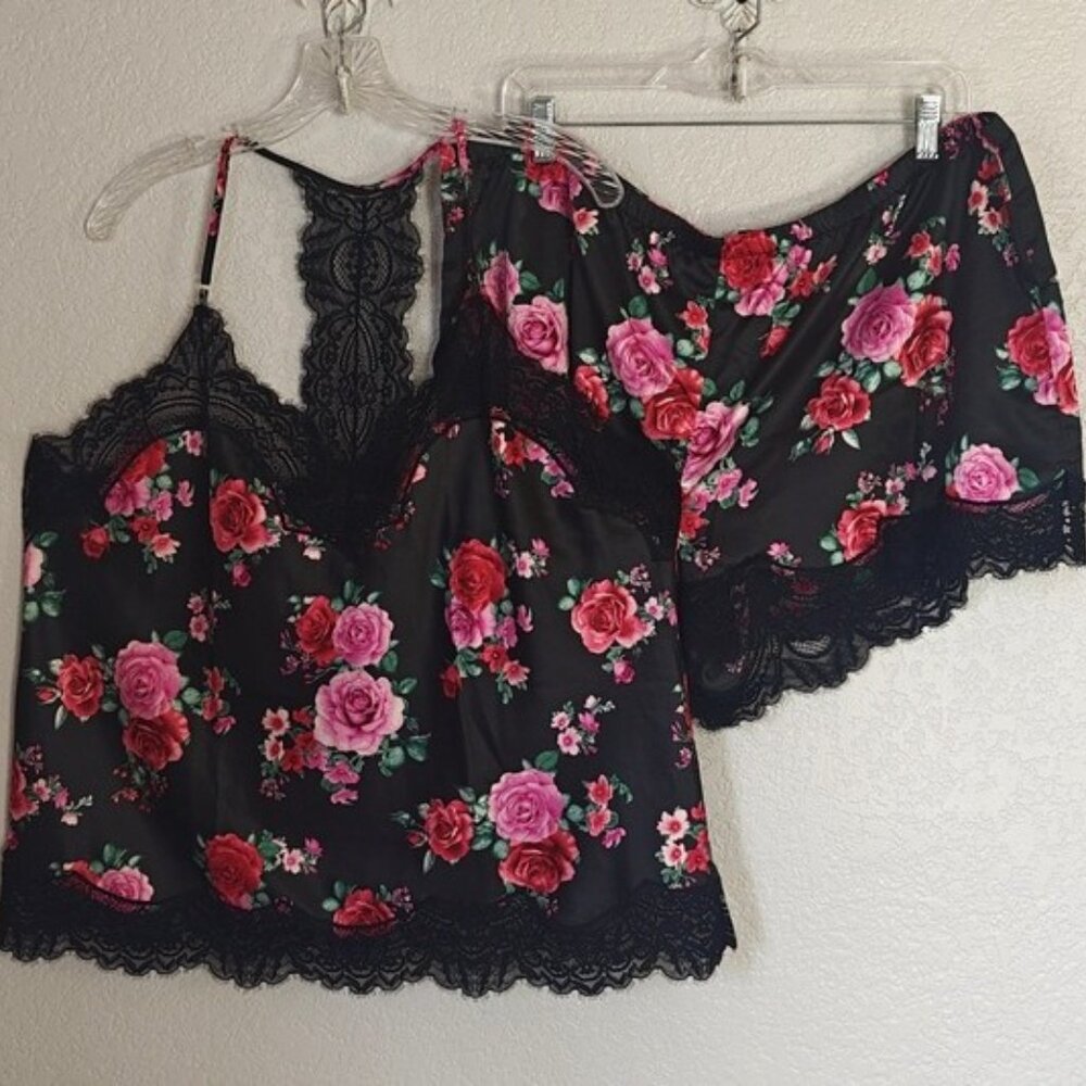 INC Pajama Cami & Short Set XXL Black Satin Red Roses Whimsicore Lace Trim